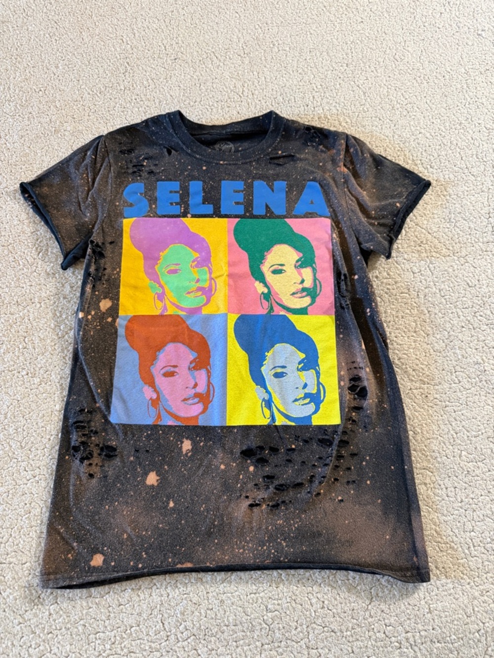 Selena Graphic Bleached Distressed Short Sleeve Tee - Black Small